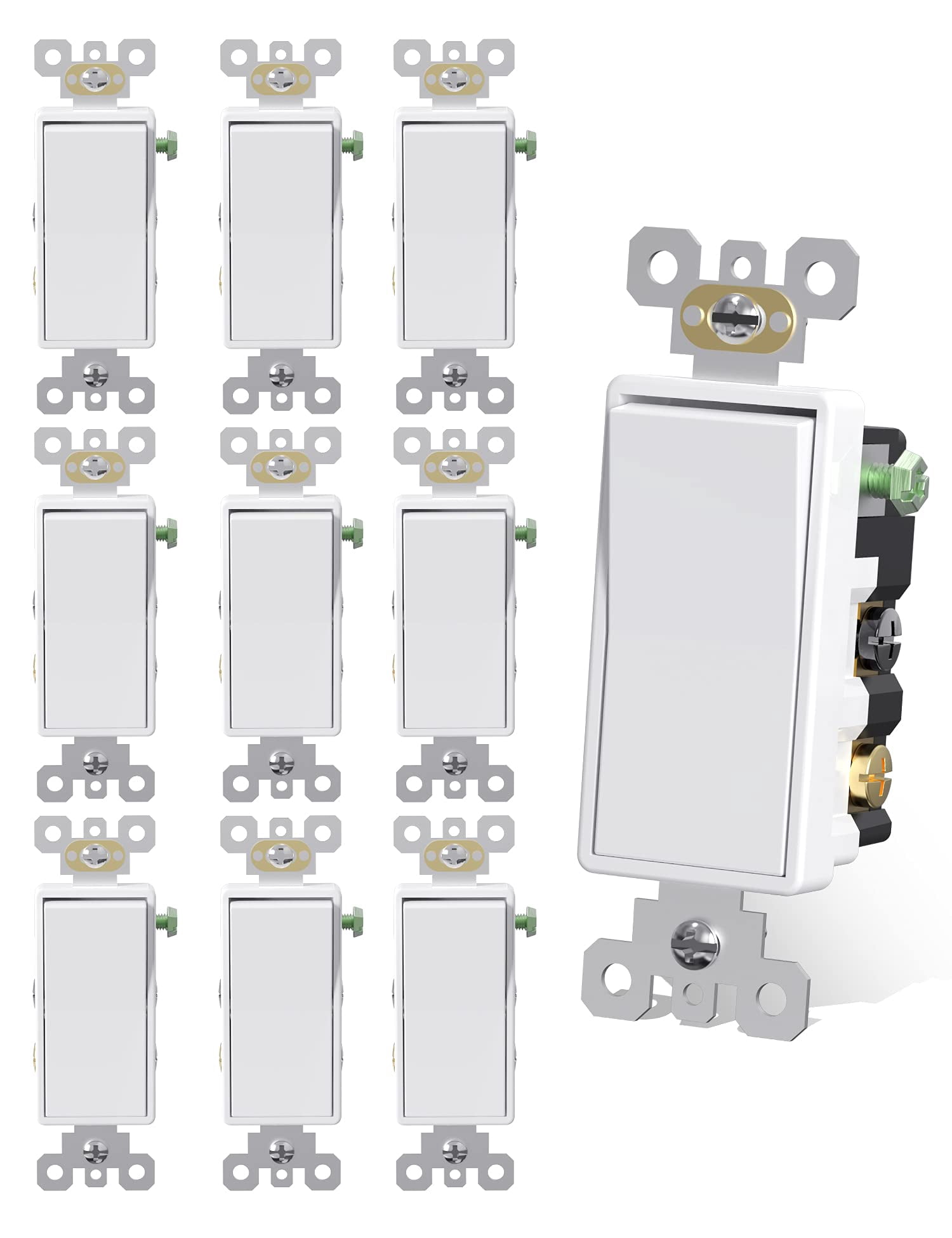 AIDA 15 Amp 4 Way Decorator Self-grounding Quiet Wall Decor Switch, Residential Grade, UL Listed, Quickwire Push-in & Side Wired, 10 Pack, White