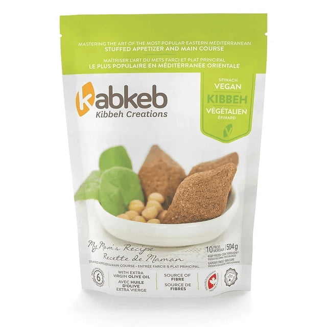 Kabkeb Spinach Vegan Kibbeh 6ct frozen plant-based dinner package with a white and green resealable bag showing kibbeh pieces in a bowl with spinach leaves and chickpeas, highlighting vegan Mediterranean stuffed appetizer with extra virgin olive oil and source of fibre, 504g.