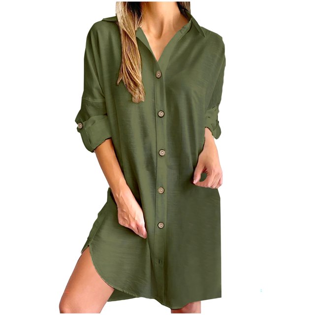 hotojiny Robe Chemise Boutonnée pour Femmes Coton Lin Manches Longues Roulées Tunique Robe Fente Latérale Couverture de Plage Blouse Hauts Robe d'Été