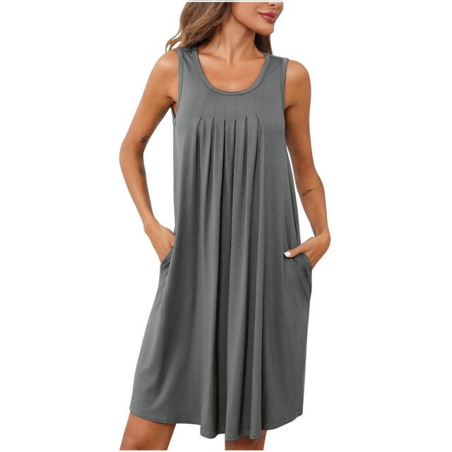 Dvkptbk Robe d'Été de Plage pour Femme 2024 Décontractée à Col Rond à Manches Courtes Robe Débardeur Mini Robes Fluide à Volants Boho Robe Soleil avec Poches P-2TG