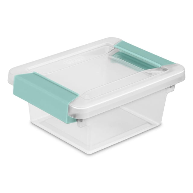 Sterilite Clear Mini Clip Box with clear plastic base and lid secured by teal clip latches on two sides. Compact and modular, measuring 6 5/8 inches long, 5 inches wide, and 2 3/4 inches high, ideal for organizing small craft or office supplies and stacking to save space.