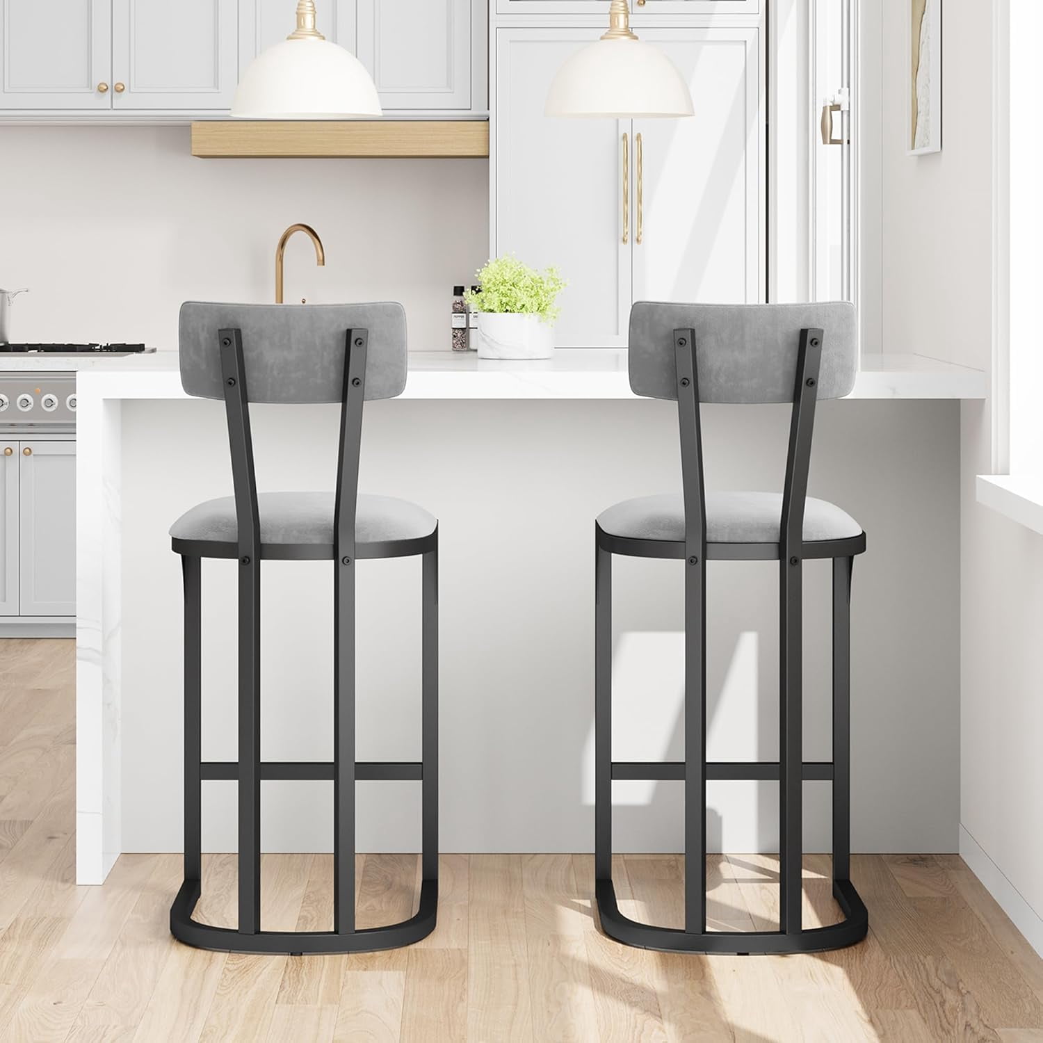 Royalbelle Set of 2 Dark Gray Bar Stools, Counter Height, Curved Back Metal Frame