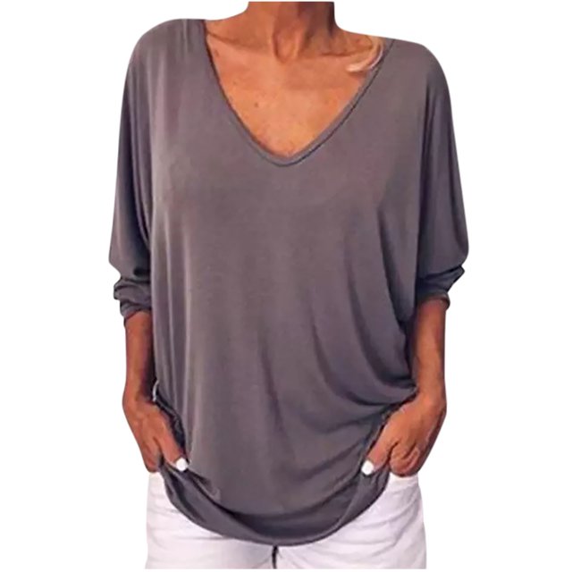 Pompotops Hauts d'Été Mode Femme Col en V Manches 3/4 Couleur Unie