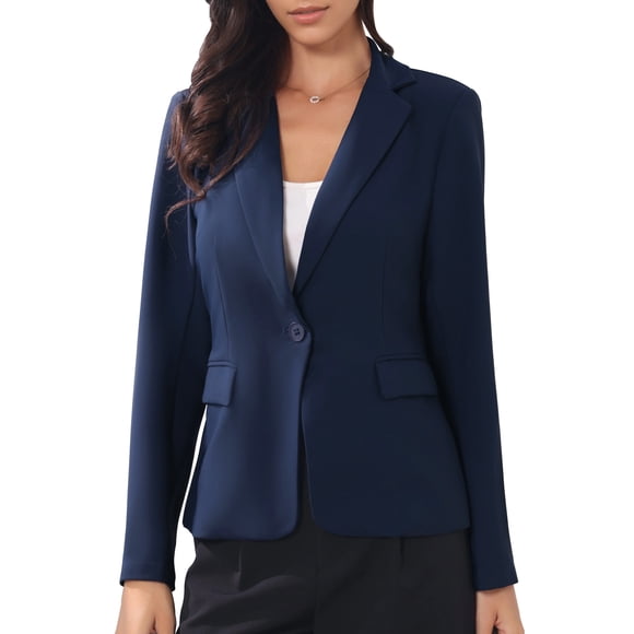 INSPIRE CHIC Women's Business Blazer Lapel Collar Long Sleeve Work Office Suit Jacket M Navy Blue