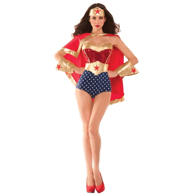 Wonderful Babe Costume Women's designed as a Wonder Woman costume, featuring a red sequined bodysuit with gold accents, blue shorts with white star patterns, and a matching red cape. Includes gold wrist cuffs, a headpiece, and removable clear adjustable bra straps. Made of 96% polyester and 4% spandex.