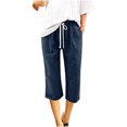 thumbnail image 1 of Pantalon Court en Lin pour Femme - Pantalon d'Été Uni pour Femme à Cinq Points, Grande Taille, Pantalon en Lin Décontracté, Pantalon d'Été Uni pour Femme, Grande Taille, Pantacourt Décontracté, Bleu Marine G, 1 of 6