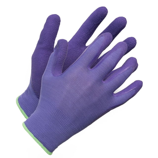 Gants de Jardinage en LATEX Mousse pour Femmes, Violet, à Coupe Étroite et Élégante, Revêtement Froissé en LATEX Texturé sur les Paumes et les Doigts, Dos en Tissu Respirant et Poignets Élastiques Bordés de Vert, Convenant au Jardinage à Sec et Humide et à l'Entretien Extérieur Léger.