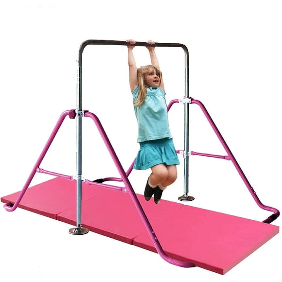 ToyKraft Kids Expandable Gymnastics Bar Height with 6'x2' Tri Fold Mat, Adjustable Kip Bar Gymnastic Training Bar, Junior Training Jungle Gym Playground Monkey Bars for Children Boys and Girls (Pink)