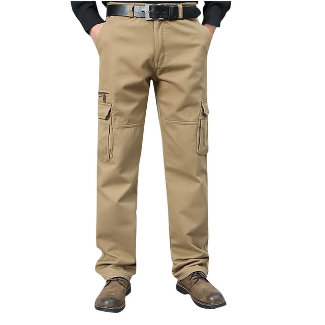 RXIRUCGD Men's Solid Color Pocket Workwear Pantscasual Straight Leg Pants, Khaki, Size: L