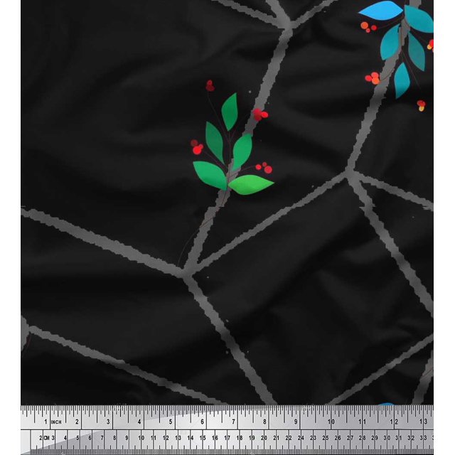 Soimoi Rayon Fabric Leaves,Red Berries & Maze Cube Geometric Decor Fabric Printed Yard 56 Inch Wide