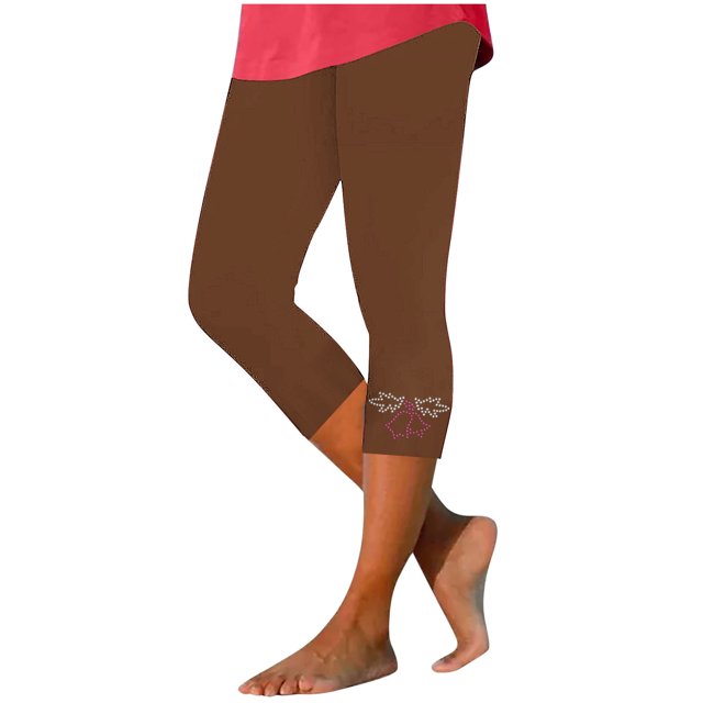 Olyvenn Womens Rhinestone Trim Capri Pants Stretchy Compression Leggings Print Pattern Yoga Pants Summer Vacation Outfits Brown S