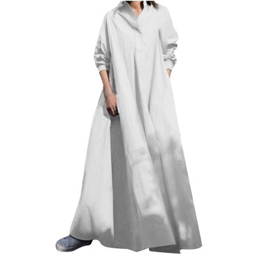 QUYUON Robes pour Femmes Décontractées Liquidation Coton Lin Uni Manches Longues Robe d'Automne Robes de Mariage pour Mariée Col en V Midi Robe Soleil Style D-15080 Blanc P