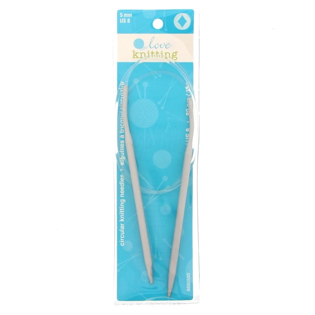Love Knitting 32" Circular Knitting Needles size 5 mm US 8, aluminum needles connected by a clear flexible cable, displayed in blue packaging with yarn ball graphics, suitable for knitting in the round and various knitting styles.