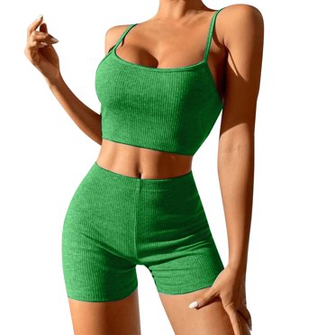 Ketyyh-chn99 Yoga Clothes for Women 2024 Flared Yoga Pants Shorts Tracksuit Running Gym Suspender Shorts Fashion Suit Yoga Sports Suit Green,S