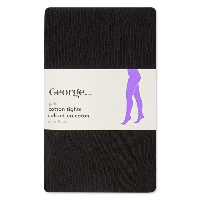 George girls' cotton fashion tights in black, folded with a white label featuring the brand name and a purple silhouette of legs, made from a soft, stretchy cotton blend with an elastic waistband and footed design, ideal for school or casual wear.
