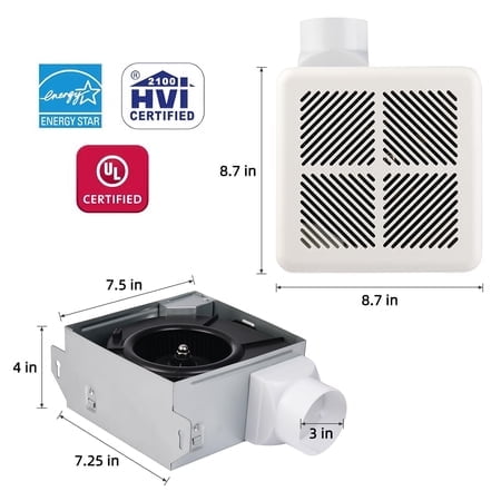 Tech Drive Très Silencieux 50 CFM 1,2 s Ventilateur de Ventilation et d'Extraction pour Salle de Bain, Conduit de 3 Po, Ventilateur Monté au Plafond Ou au Mur, Facile à Installer