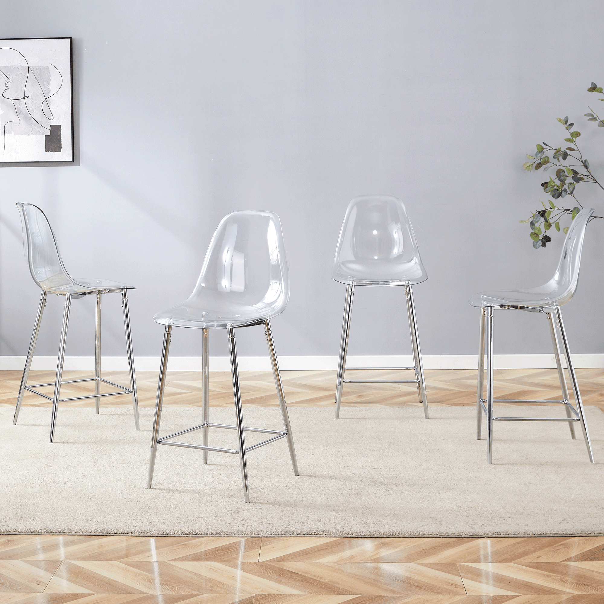 Ensemble de 4 tabourets de bar Noble House, style minimaliste moderne, dossier intégré, argent