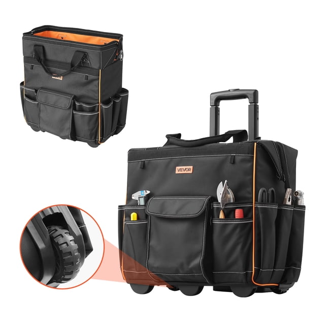 VEVOR Sac à Outils Roulant avec 25 Poches, Fabriqué en Tissu Oxford 1680D Noir et orange. le Sac Comprend une Poignée Télescopique en Aluminium s'Étirant jusqu'à 41,5 Pouces, des Roues Durables de 4 Pouces et une base Renforcée pour la Stabilité. Il Comprend Plusieurs Poches Internes et Externes pour l'Organisation des Outils, avec des Outils comme des Pinces et des Tournevis Visibles. un Gros Plan Met en Valeur les Roues Robustes pour une Mobilité Fluide.