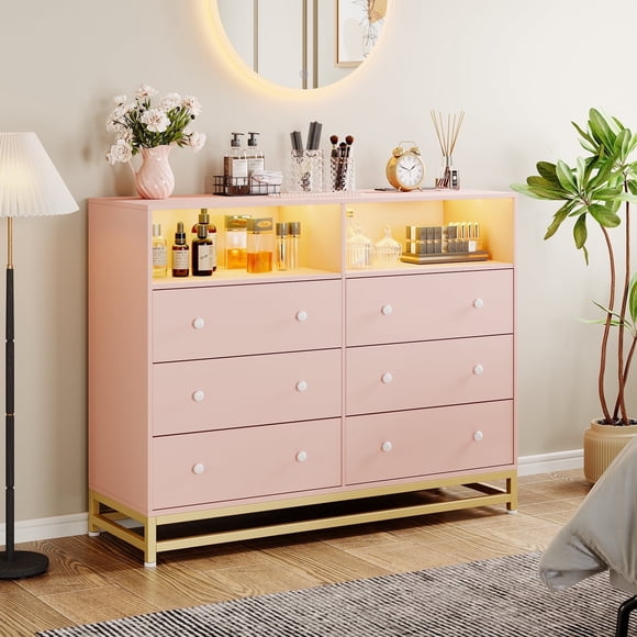 Garvee Commode Double avec 6 Tiroirs, Prise de Courant et Lumière DEL, 47.2x15.8'x31.5 Pouces, Rose