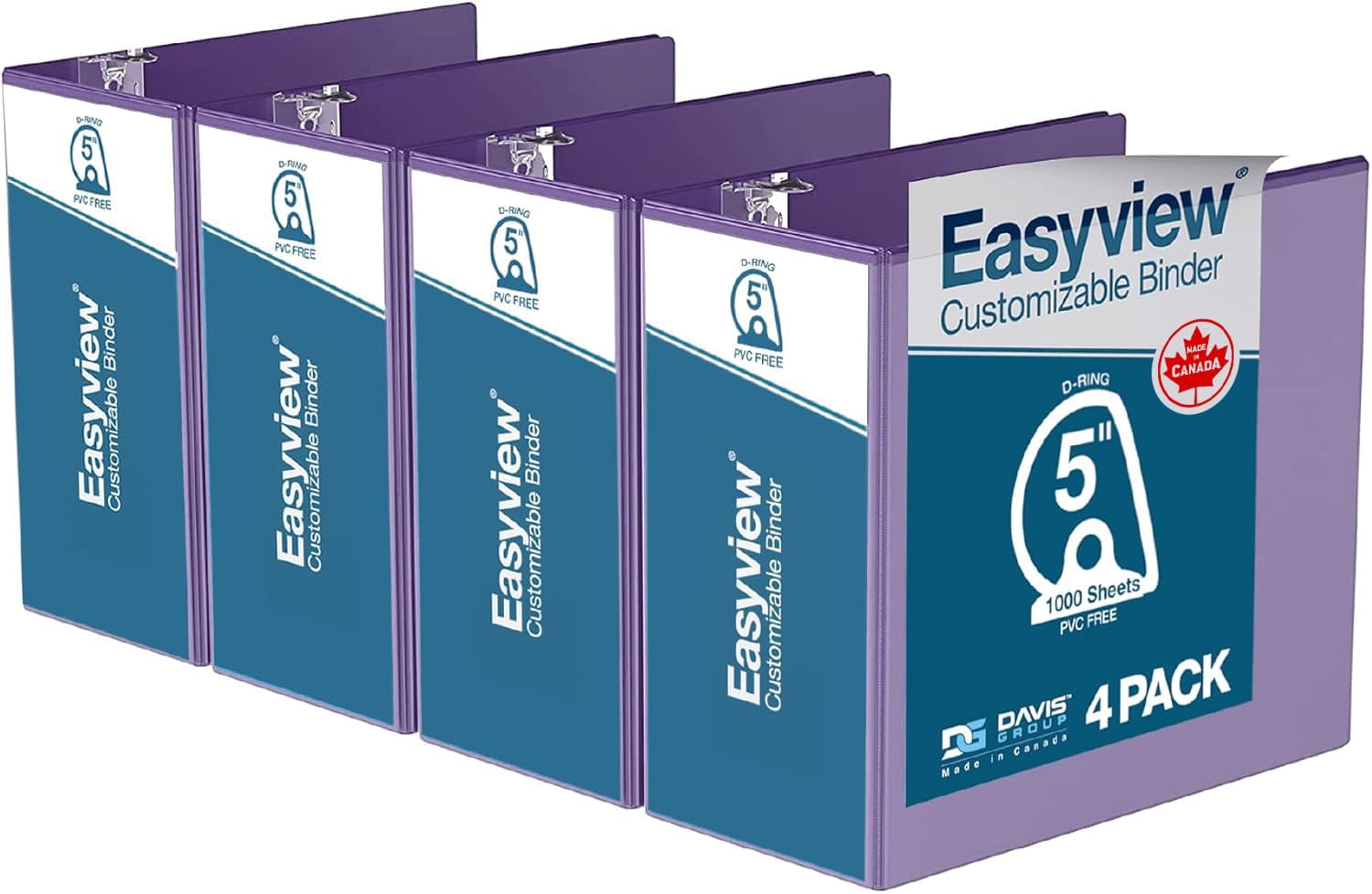 Easyview Premium 3-Ring Binders with Clear-View Covers and D Rings, Binders for School or Office, 5 Inch, Pack of 4, Purple