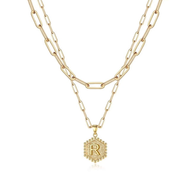 Colliers à Initiale Superposés pour Femmes, Collier Chaîne Trombone Simple Mignon Pendentif Lettre Hexagone Collier Ras-du-Cou à Initiale Colliers Superposés Dorés pour Femmes,RGold