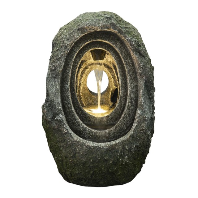 Grotto Indoor/Outdoor Tabletop Fountain with energy-efficient pump and LED accent lighting, crafted from durable Comp-Cast stone and resin, featuring a layered oval design with water flowing from the top into a lit basin, ideal for patio decor and creating a calming indoor or outdoor ambiance.