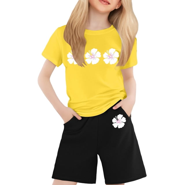Tenues pour Bébé Fille T-Shirt à Manches Courtes Col Rond Imprimé Décontracté Vêtements pour Adolescentes Jaune 6-7 Ans