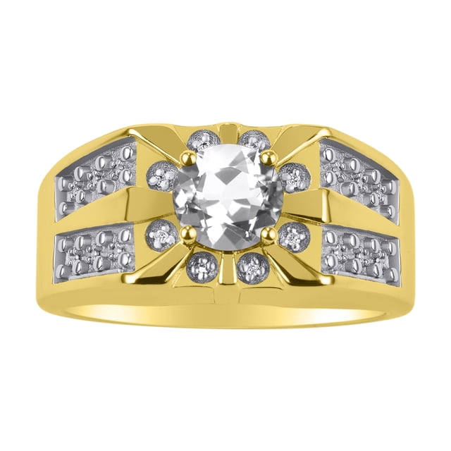 RYLOS Men's Rings 14K Yellow Gold Designer Starburst 7MM Round Gemstone & Diamond Ring White Topaz April Birthstone Size 11