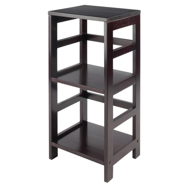 Winsome 92314 Leo Shelf in espresso finish with two open shelves made of solid and composite wood, featuring a sturdy rectangular frame and clean lines, suitable for storing books, toys, or magazines as a wall and display shelf in home décor.