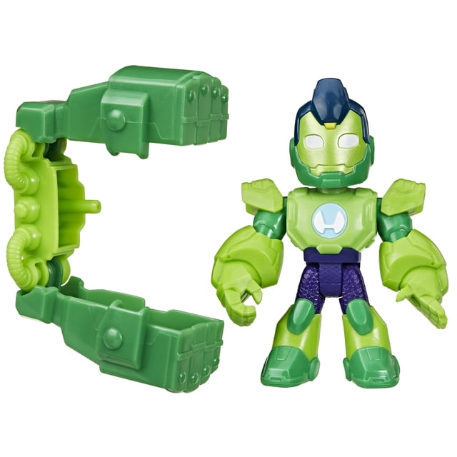 Marvel Iron Man and his Awesome Friends Iron Hulk Action Figure Toy with Accessory featuring a 3-inch green and blue Iron Hulk figure with metallic green helmet and chest emblem, plus detachable green iron fists accessory for poseable superhero play.