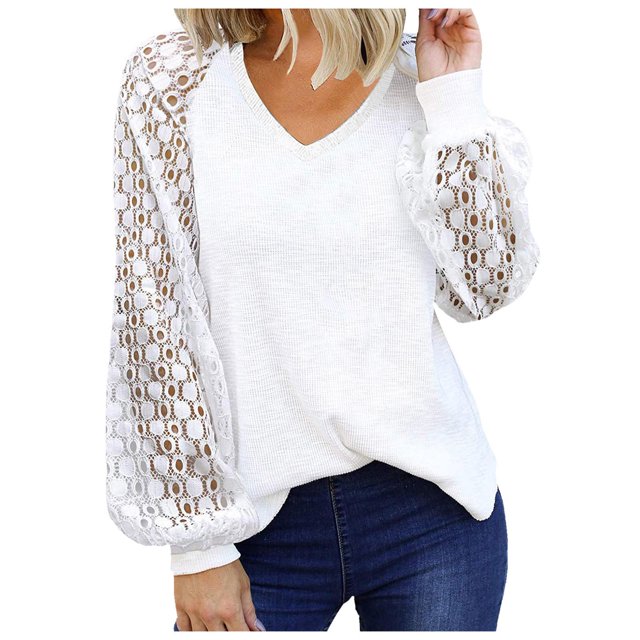 Pompotops Mode Femme Col en V Creux Manches Longues T-Shirt Automne Blouse Unie