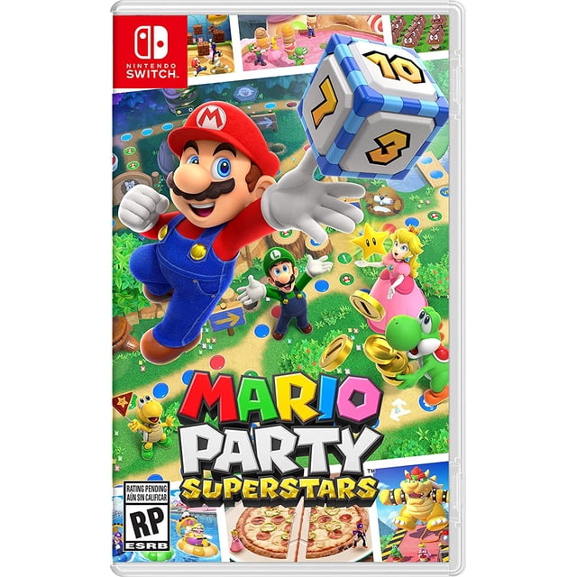 Mario Party Superstars Nintendo Switch game cover Mettant en Vedette Mario au Chapeau Rouge et Salopette Bleue Lançant un Grand dés Numéroté, avec Luigi, Princess Peach Tenant une Étoile, Yoshi Attrapant des Pièces d'Or et Koopa Troopa sur un Sentier de Jeu de Société Coloré avec des Espaces Vibrants et des Éléments de Jeu, plus des images Encastrées plus Petites de Mini-Jeux Classiques.