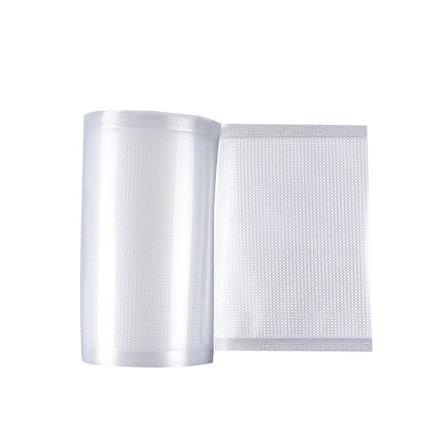 Amdohai Sealer Bags Rolls 2 Roll Pack for Food Saver, featuring two transparent rolls made of high-quality nylon and PE materials. Each roll measures 5 meters in length and is suitable for preserving fresh or cooked food in the freezer. The rolls are designed to reduce waste and protect food from moisture and oxygen exposure, making them ideal for camping, hiking, or fishing trips.