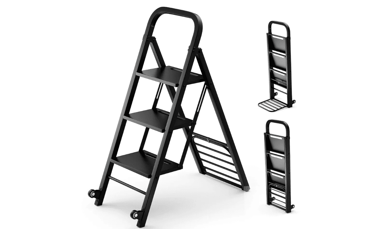 afeifafa-2-in-1 Ladder & Hand Truck Combo Collapsible 3-Step Ladder with Wheels