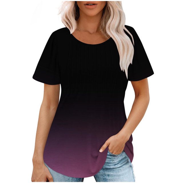 Plebaso Hauts pour Femmes Été Manches Courtes Col Rond Tunique Chic Ample Mode Blouses à Dégradé de Couleurs