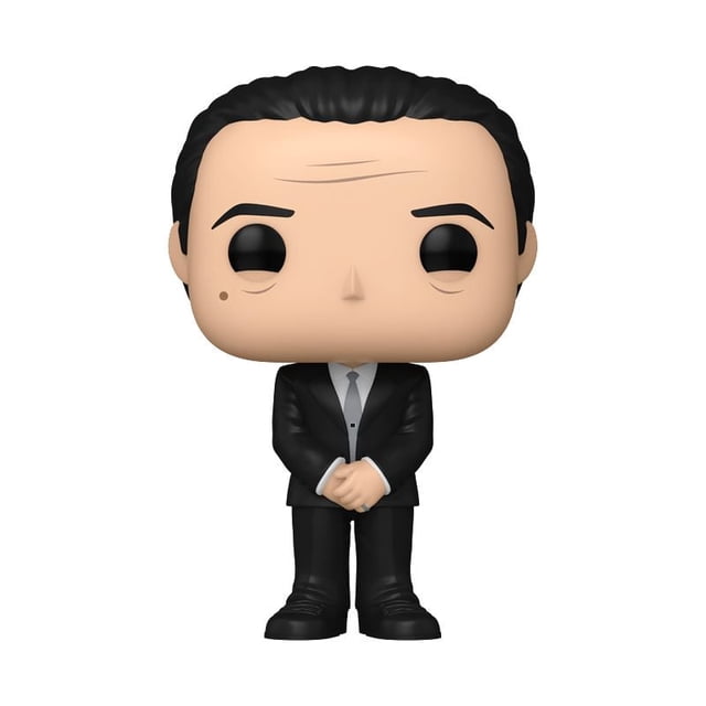 Funko Pop! Movies: Goodfellas - Jimmy Conway Vinyl Figure, a front-facing vinyl figure with black slicked-back hair, wearing a black suit, white shirt, and black tie, standing with hands clasped, suitable for collectors of bobble heads and vinyl figures.
