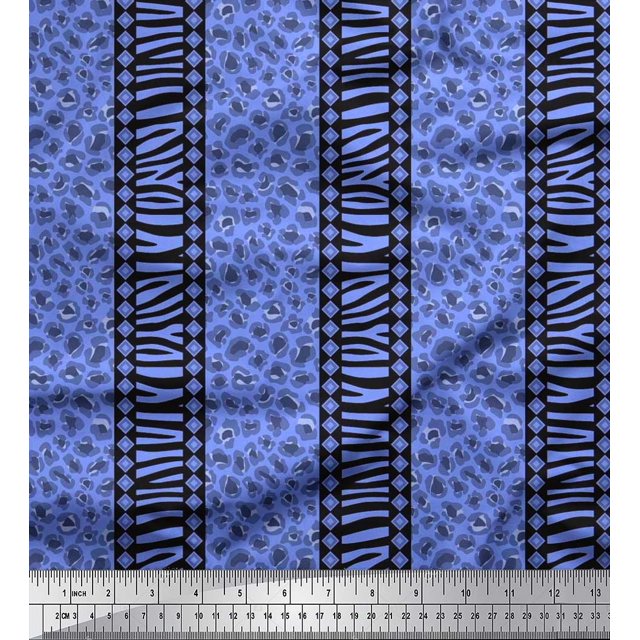 Soimoi Blue polyester Crepe Fabric Stripe,Leopard & Wild Animal Skin Decor Fabric Printed BTY 42 Inch Wide