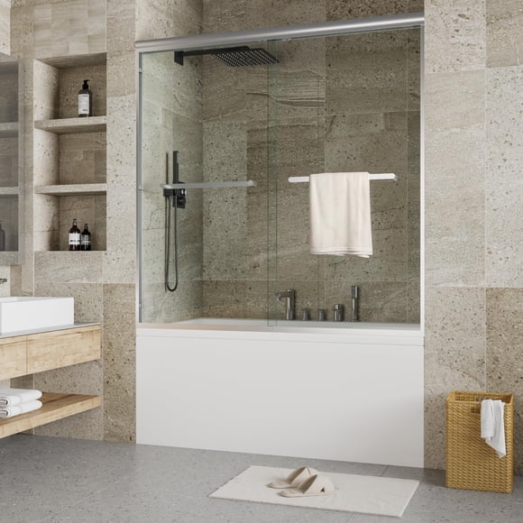 Bathtub Shower Doors Glass Sliding ,Frameless Dual Sliding Shower Glass Door, 6mm Tempered Glass with Stainless Steel Square Rail for Modern Tub Bathroom