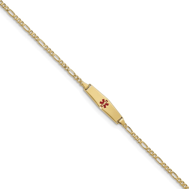 Bracelet Médical en Or Jaune 14K Forme Diamant Doux Émail Rouge Figaro Link ID