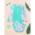 thumbnail image 3 of Xnihocha Littl E Big Girls Floral 2 Pcs Rash Guard Sets Zip Neck Swim Shirts With Shorts Swimsuits Green 10Y, 3 of 7