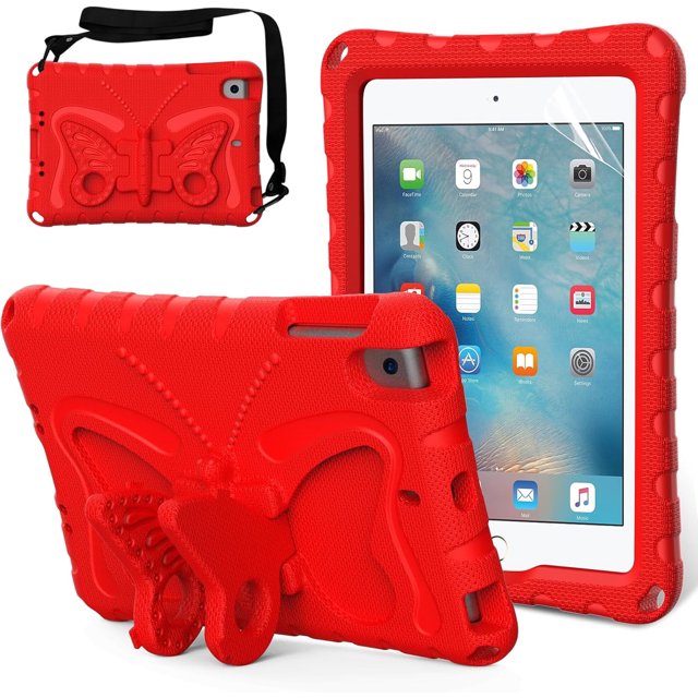 KOMI Kids Case for iPad Mini 1st/2nd/3rd/4th/5th Generation 7.9-inch - Screen Protector Included - Butterfly Kickstand - Child Friendly EVA Foam Shockproof Cover Case with Shoulder Strap Red
