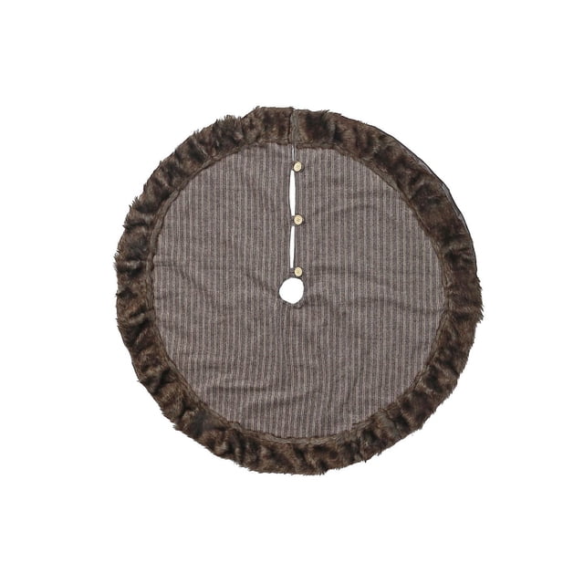 Stripe Fabric Tree Skirt Border And Button, a 47-inch diameter round skirt made of brown striped polyester fabric with a dark faux fur border and three faux buttons for closure, designed to protect floors and complement Christmas tree decor.