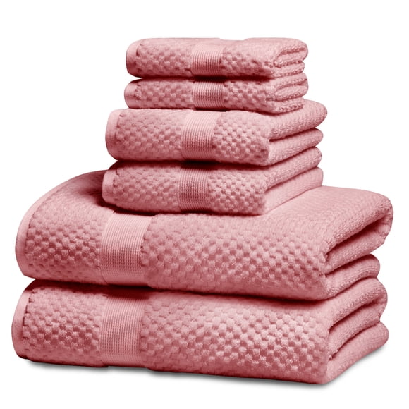 Kingrest Bath Towel Sets of 6 Pieces, 2 Bath Towels 2 Hand Towels 2 Washcloths, 100% Cotton Highly Absorbent Towels for Bathroom, Gym, Hotel - Pink coral