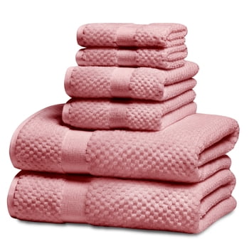 Kingrest Bath Towel Sets of 6 Pieces, 2 Bath Towels 2 Hand Towels 2 Washcloths, 100% Cotton Highly Absorbent Towels for Bathroom, Gym, Hotel - Pink coral