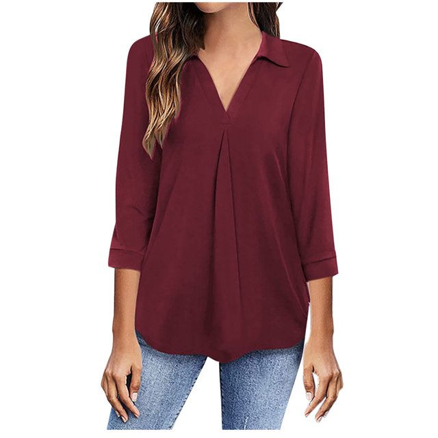 Chandail Décontracté pour Femmes à Col en V, Manches Longues, Chemise Blouse Unie
