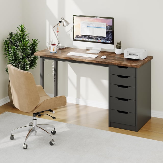 BeesClover Computer Desk 47" with 5 Drawers, Modern Study Table with Storage and Sturdy Metal Legs, Office Desk for Small Spaces, Apartments, Dorm Rooms
