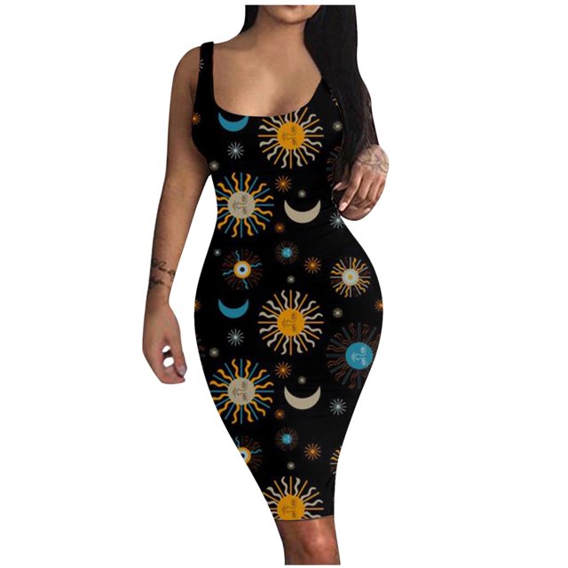 Fridja Robe Débardeur à Imprimé pour Femme à Col Rond Sans Manches Basique Midi Robe de Boîte de Nuit