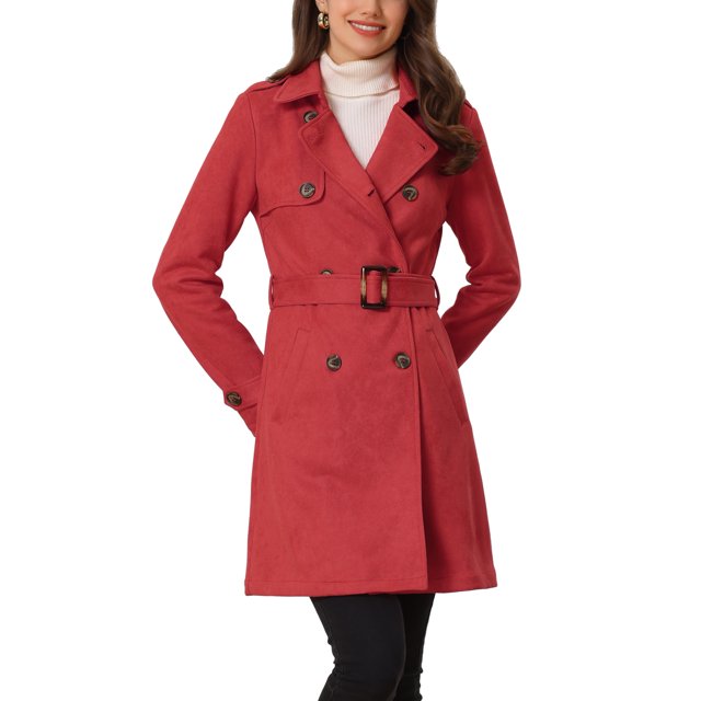 INSPIRE CHIC Manteau Trench en Faux Suède à Revers Crantés, Double Boutonnage, pour Femme, TP, Rouge