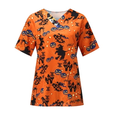 TIMIFIS Womens Halloween Nursing Scrubs Tops Working Uniform Short Sleeve V Neck Pumpkin Spiders Ghost Holiday Print Tunic Scrubs Workwear Blouse Scrubs Tops with Pockets-Orange