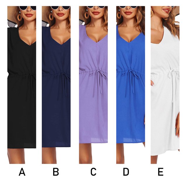 Robes à Col en V pour Femmes Mode Taille S-TTG Manches Courtes Jupe de Plage au-Dessus du Genou Robe Unie Robe de Plage Mode Urbaine Bleu Foncé TG
